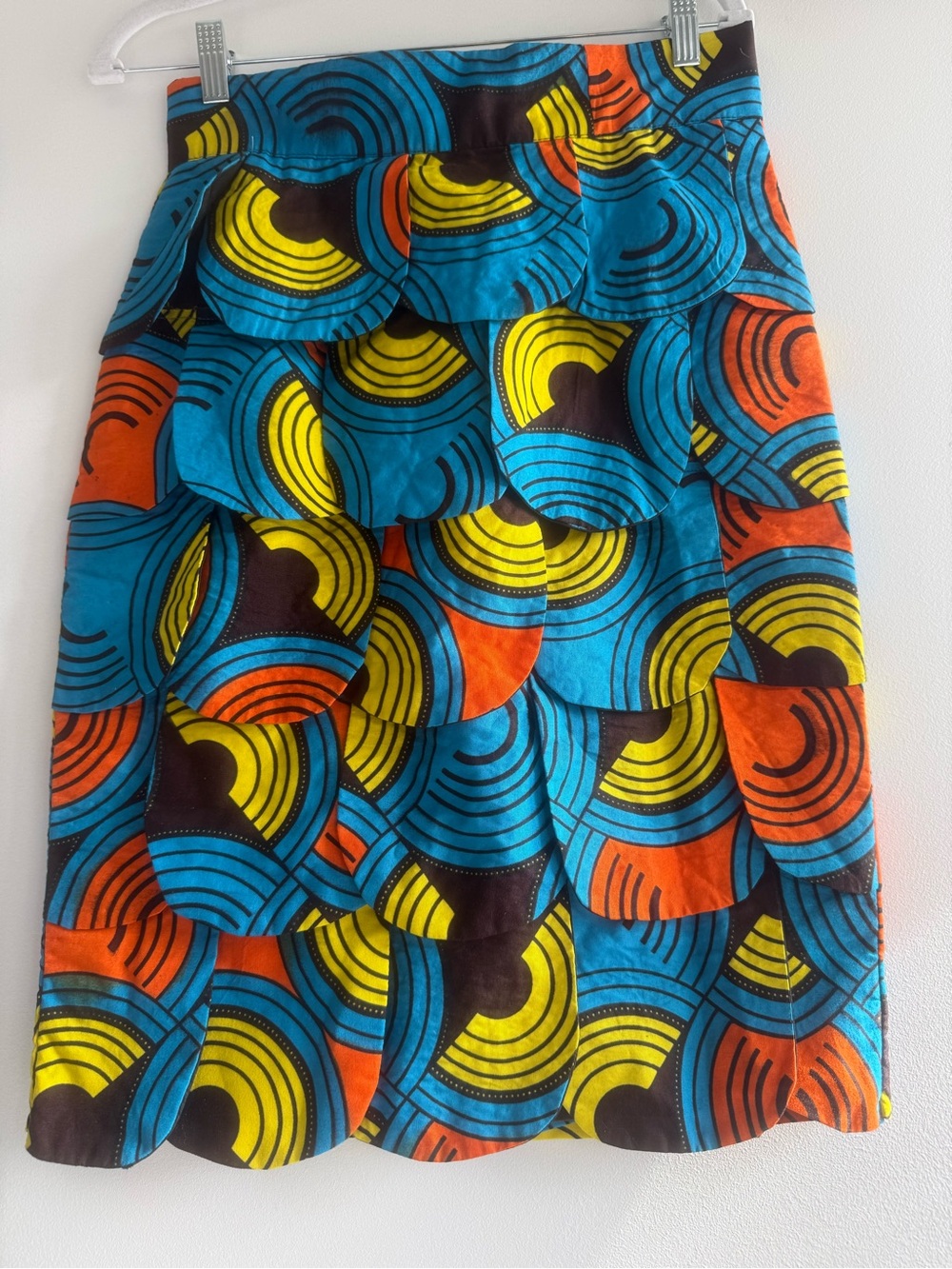 Source Unknown Blue, Orange & Yellow Scalloped Pencil Skirt